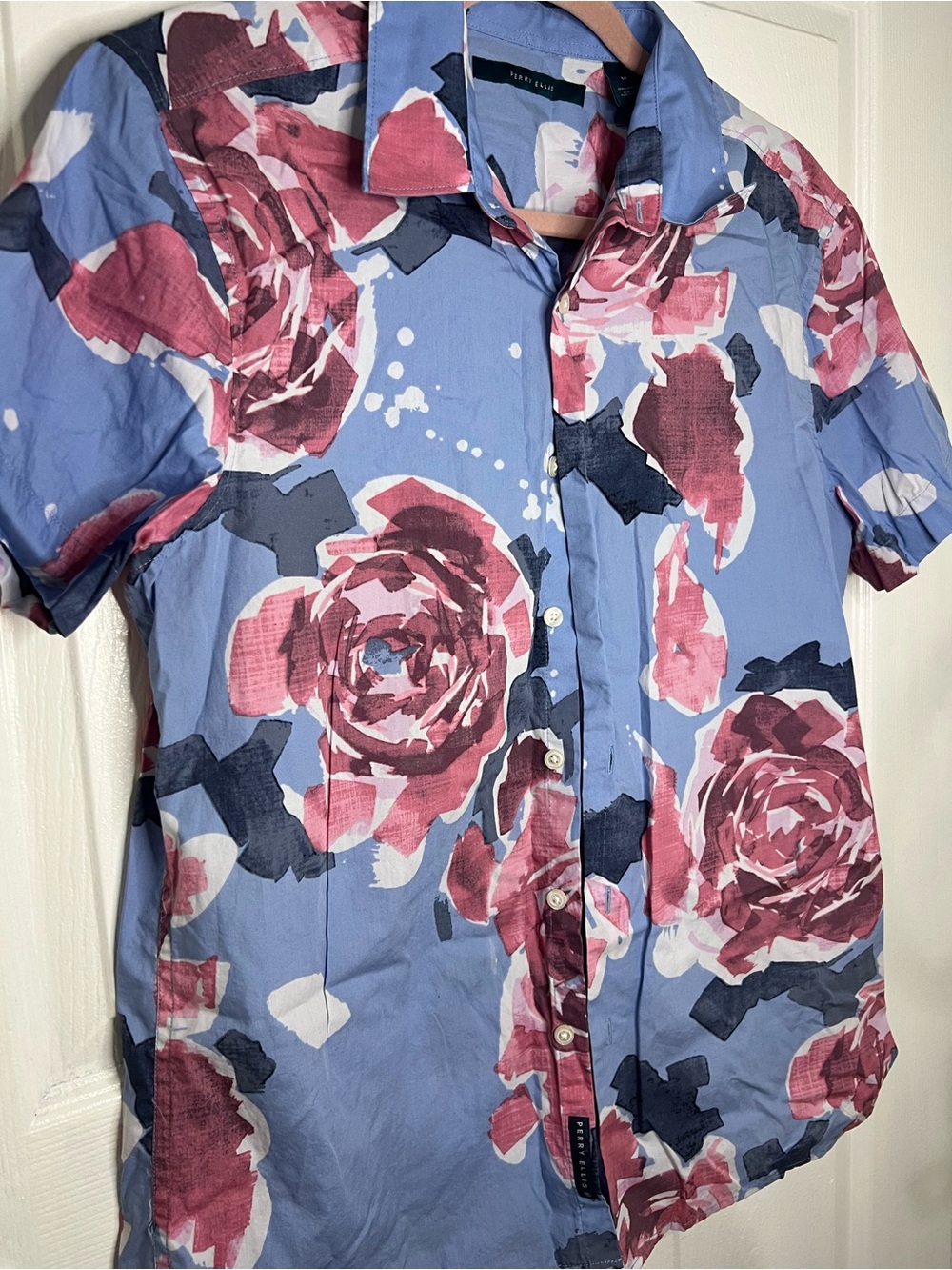Perry Ellis Blue Short-Sleeve Button-Down with Pink Floral Print
